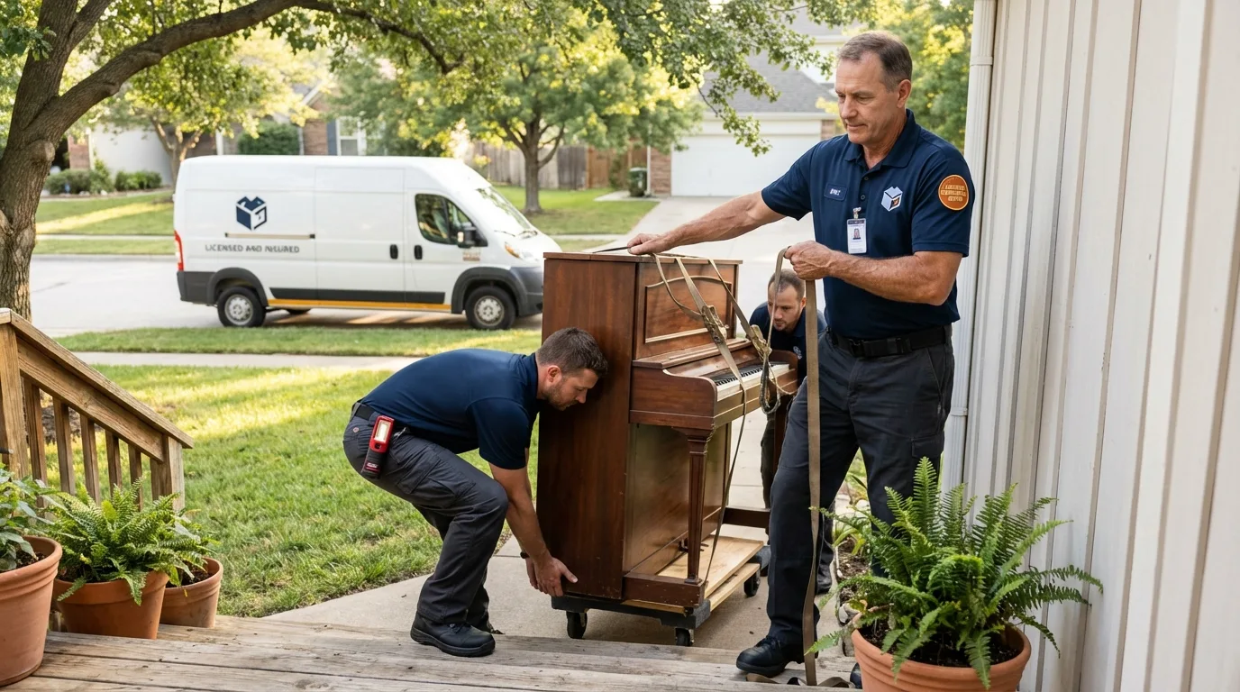 Licensed piano movers securing grand piano in Hardeeville, SC