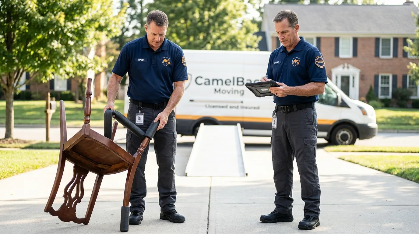 Movers inspecting furniture for damage prevention before loading in Hardeeville, SC