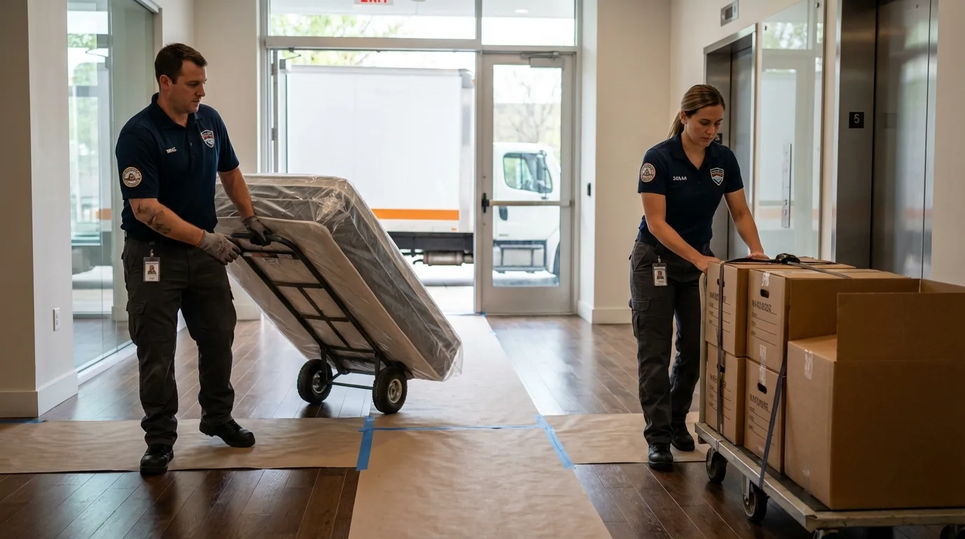 Professional apartment movers loading elevator in Hardeeville, SC
